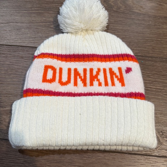 Dunkin Donuts Adult Beanie, Cream, Pom-Pom Snow Hat Logo Fold Over OSFM - Picture 2 of 5
